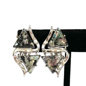 Coro Shiny Silver Clip Earrings With Multi Color Stones  - Vintage